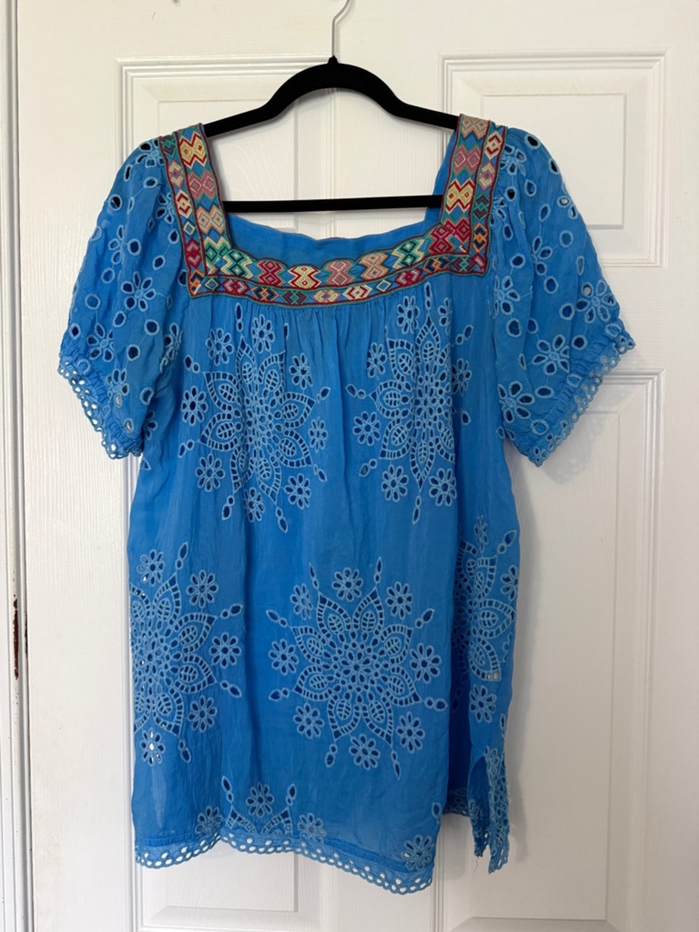 Johnny Was Blue Eyelet Embroidered Square-Neck Tunic with Multicolor Trim